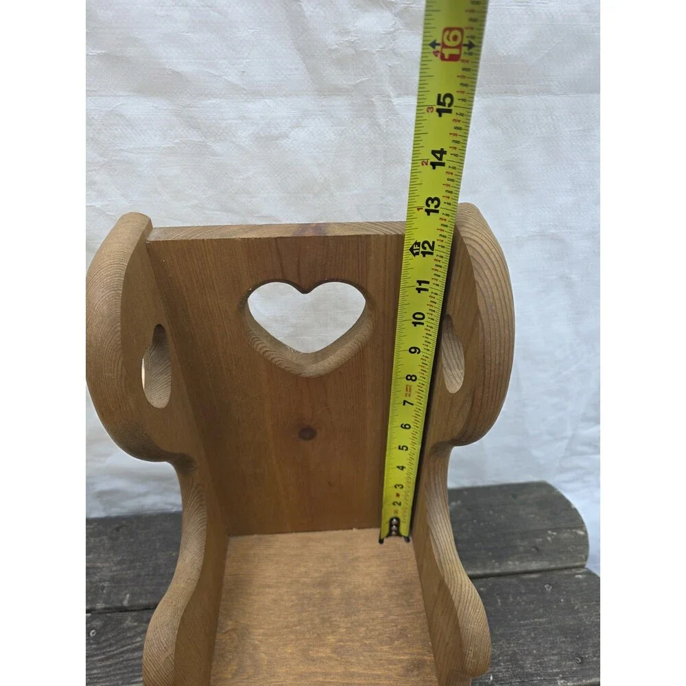 Vintage Rustic Wooden Doll Chair Display Bench Shelf Child Heart Cut Out